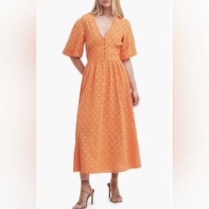 Elegant Orange Eyelet Midi Dress